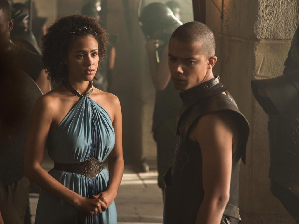 Nathalie Emmanuel as Missandei and Jacob Anderson as Grey Worm _ photo Helen Sloan_HBO