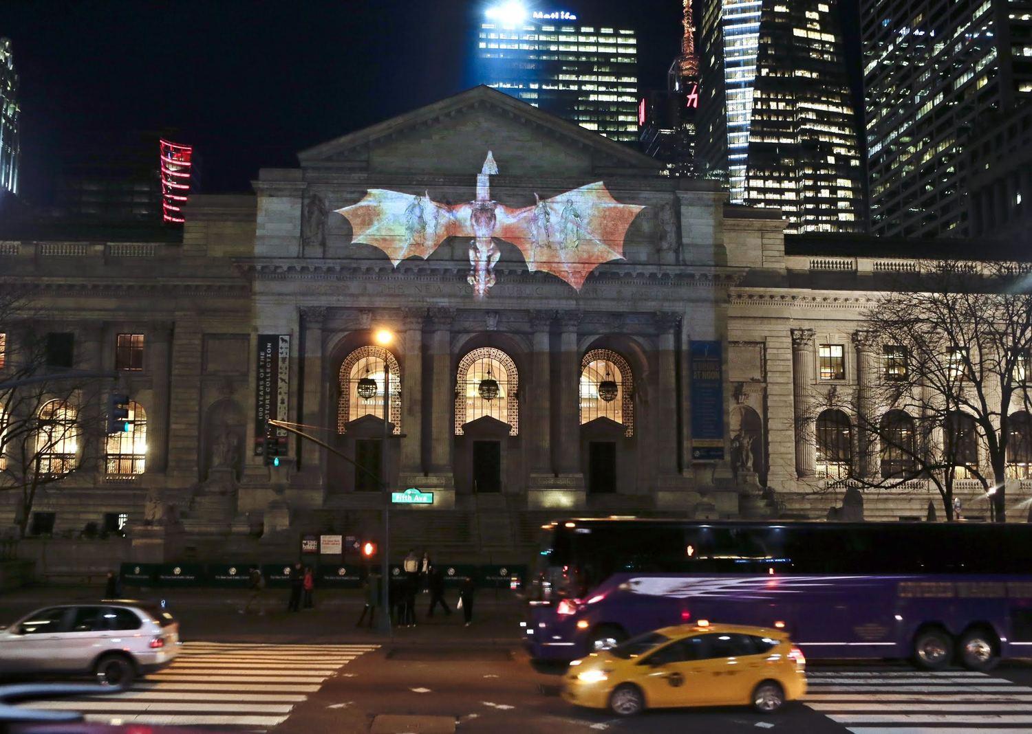 The dragon attacks the New York Public Library. Photo: HBO/Ray Stubblebine