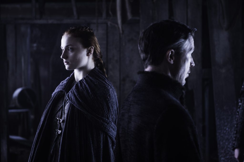 Sophie Turner as Sansa Stark and Aidan Gillen as Petyr “Littlefinger” Baelish. Credit: Helen Sloan/HBO