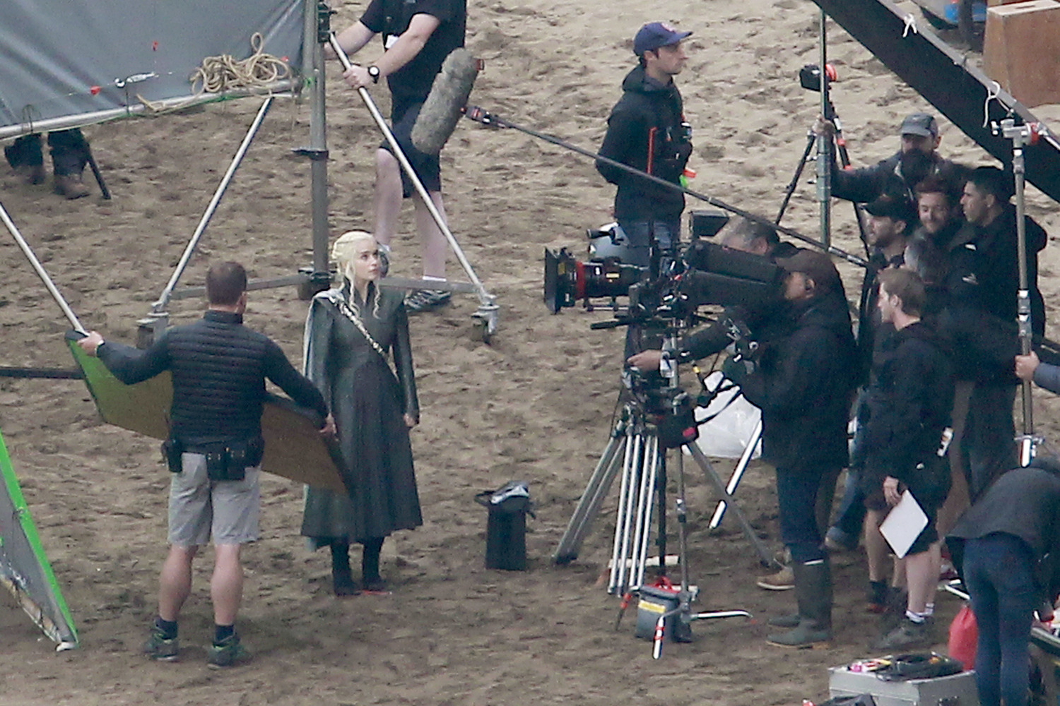Emilia Clarke and Kit Harington film scenes for season 7 of Game of Thrones on a beach in northern Spain.