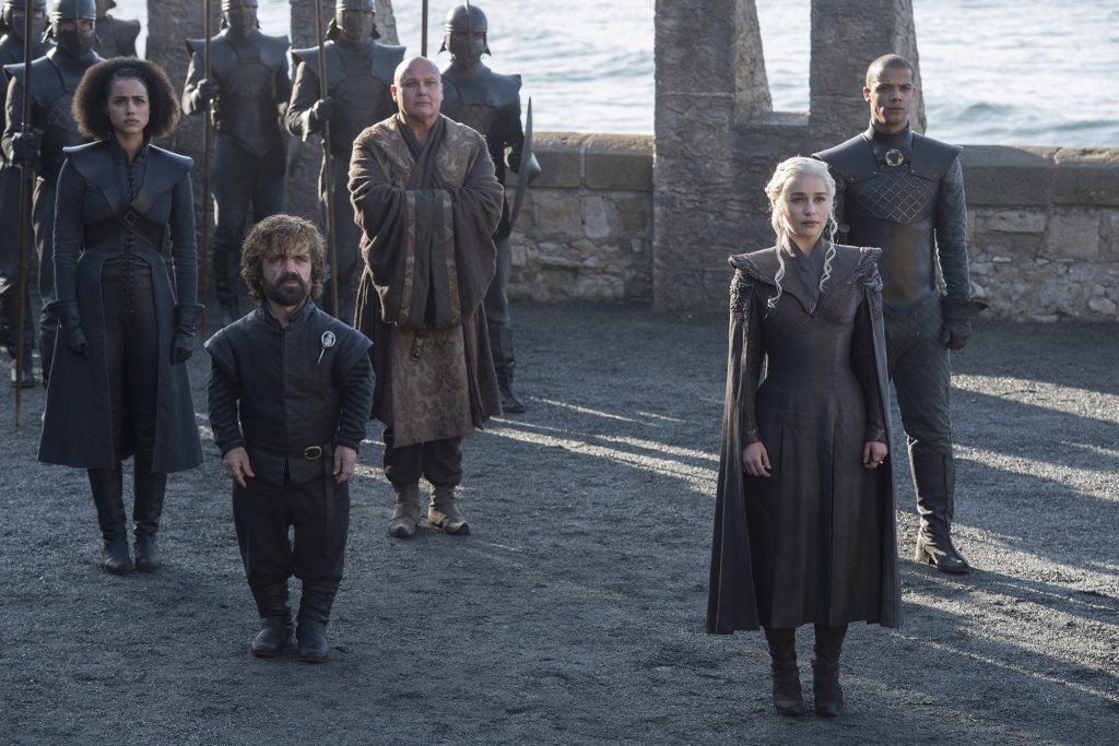 Daenerys (Emilia Clarke), Tyrion (Peter Dinklage), Missandei (Nathalie Emmanuel), Varys (Conleth Hill) and Grey Worm (Jacob Anderson) in their new stronghold / Photo: Helen Sloan/HBO