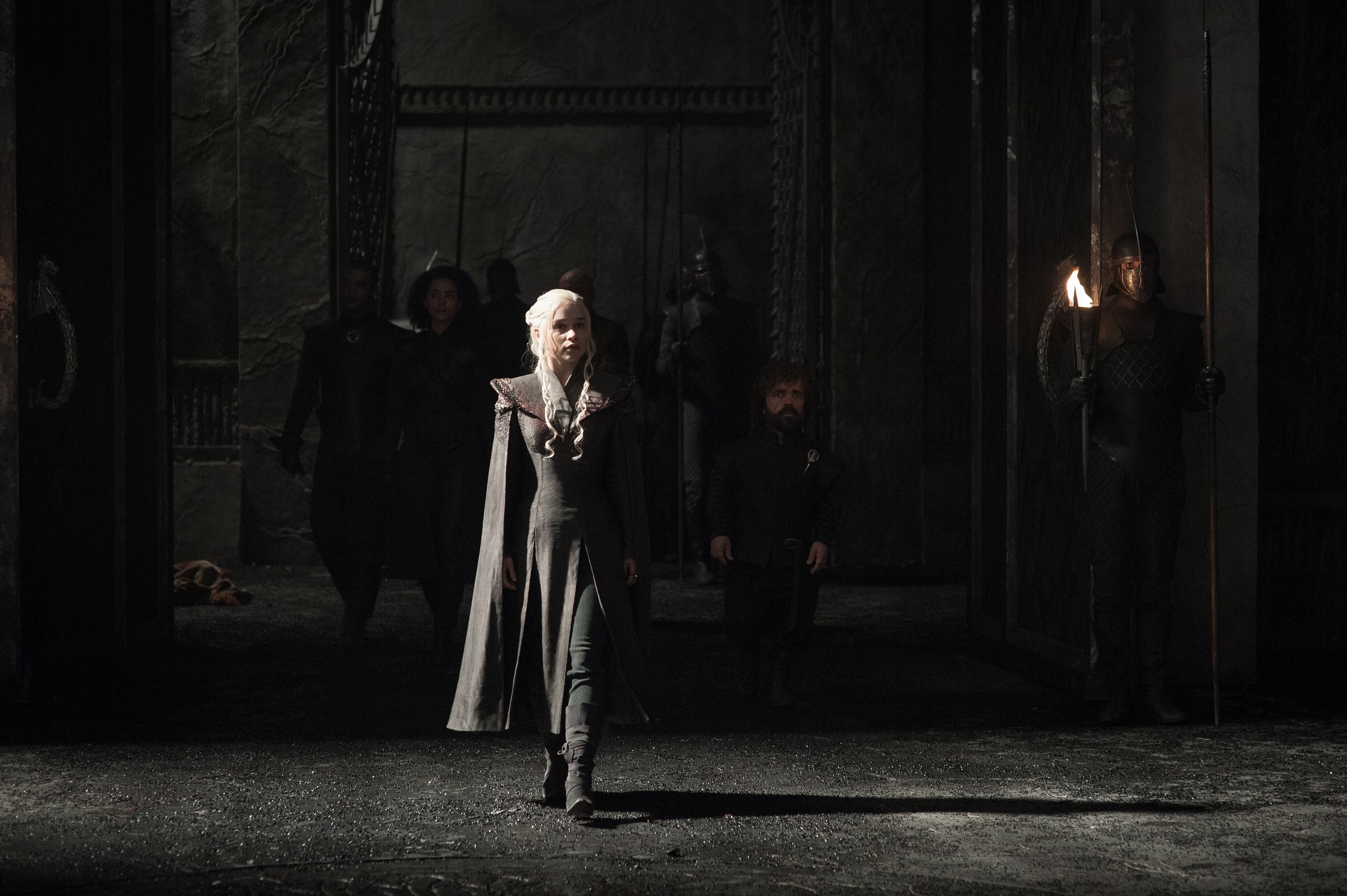 Emilia Clarke as Daenerys Targaryen, Peter Dinklage as Tyrion Lannister, Nathalie Emmanuel as Missandei, Jacob Anderson as Grey Worm and Conleth Hill as Missandei enter the new Targaryen stronghold. Photo: HBO