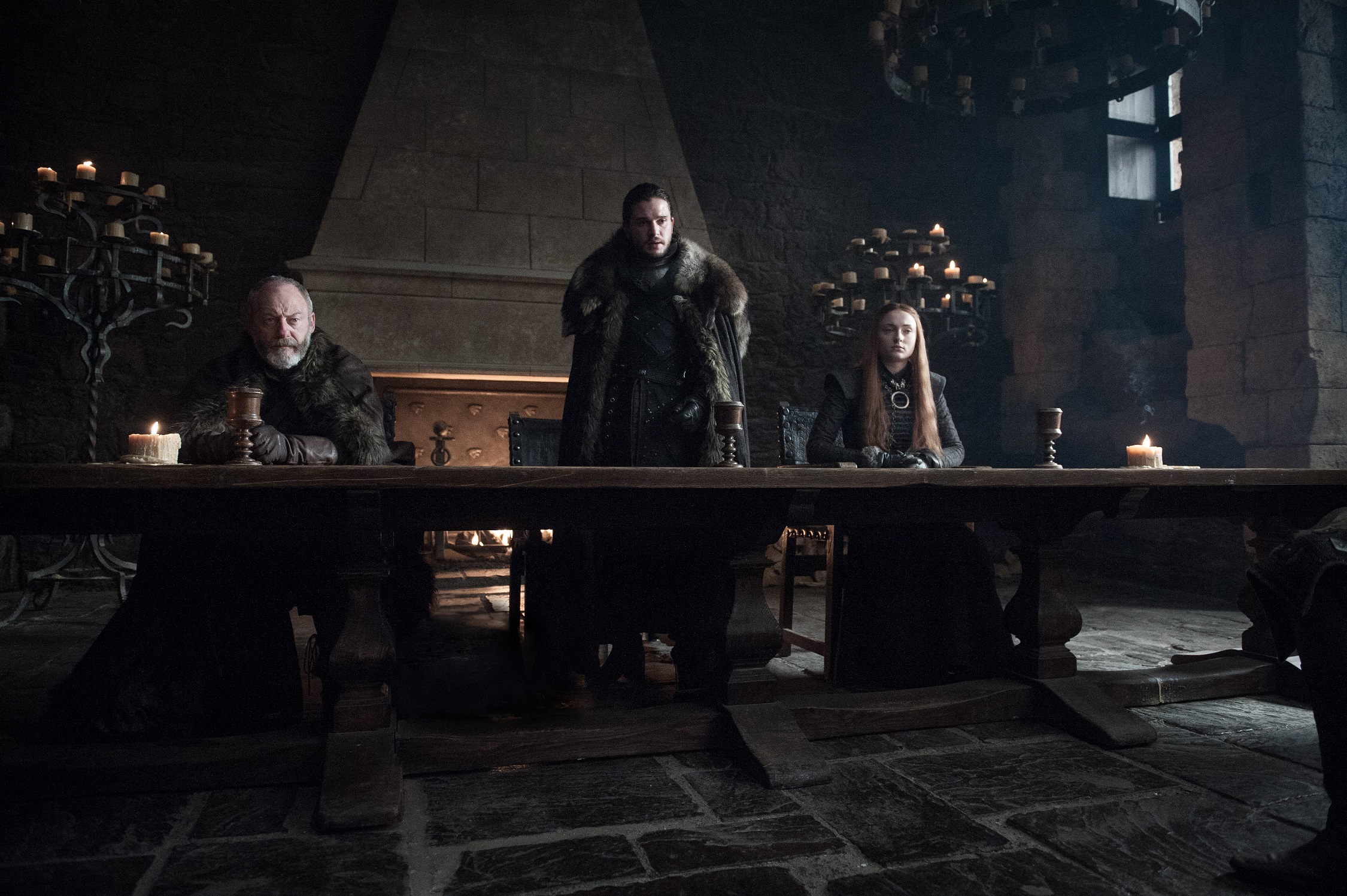 Kit Harington as Jon, Sophie Turner as Sansa, Liam Cunningham as Davos. Photo: HBO