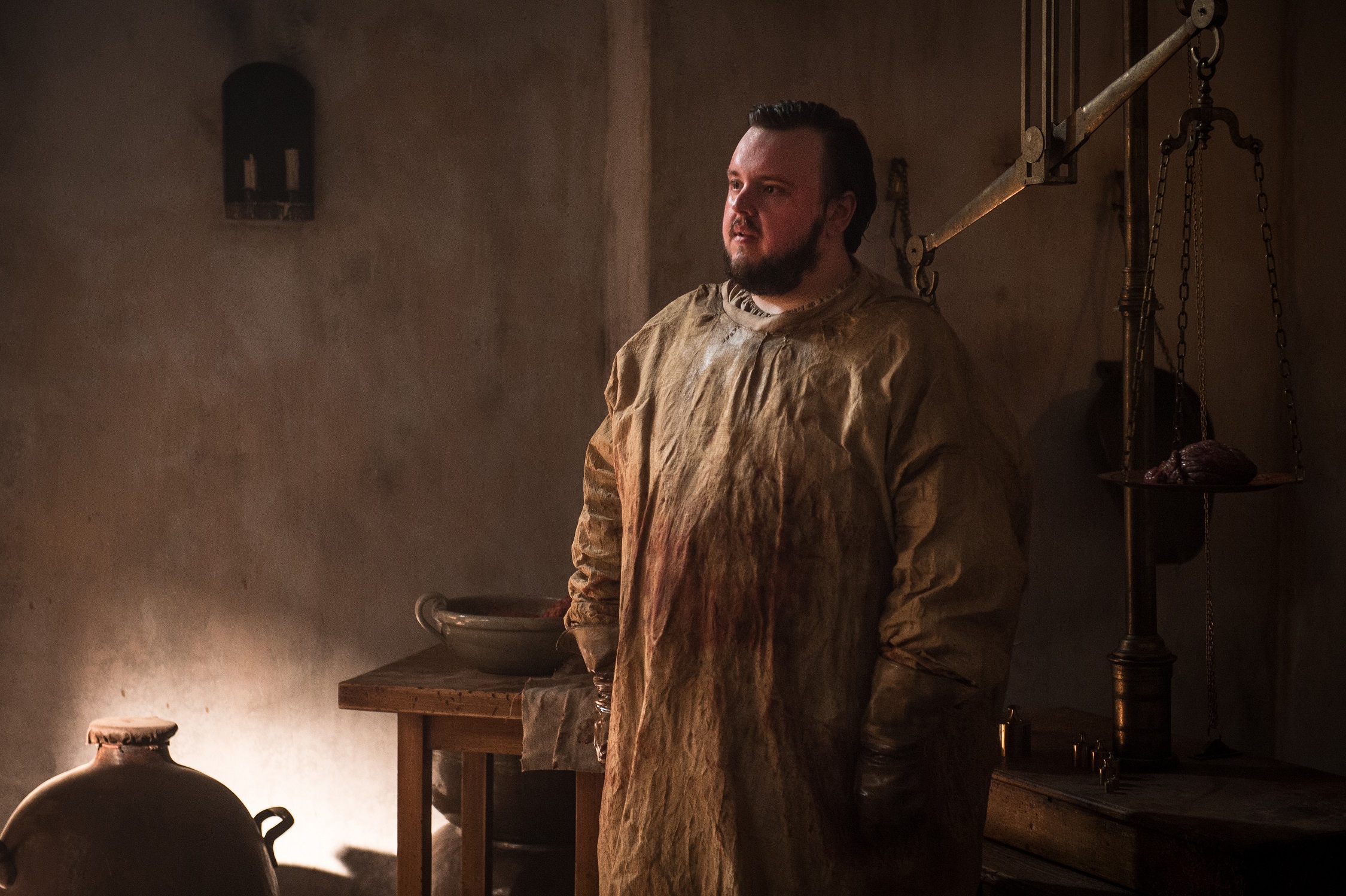 John Bradley as Samwell Tarly, bloody, at the Citadel. Photo: HBO