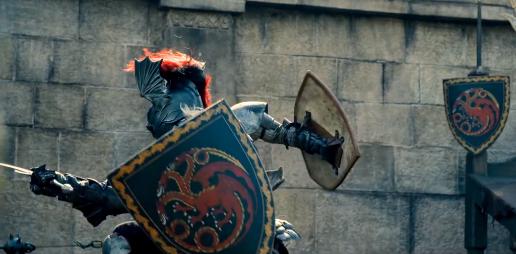 A tourney combat with lots of Targaryen regalia and a truly amazing winged helmet