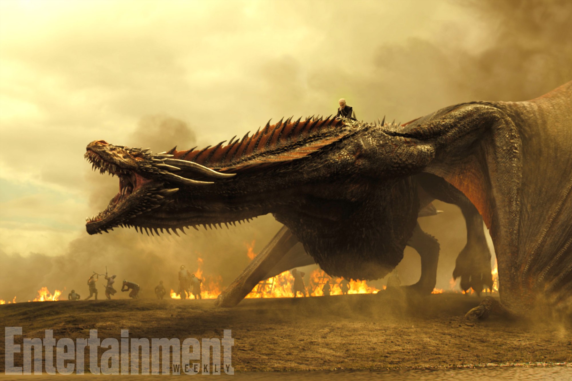 Emilia Clark as Daenerys Targaryen on Drogon, in a battlefield