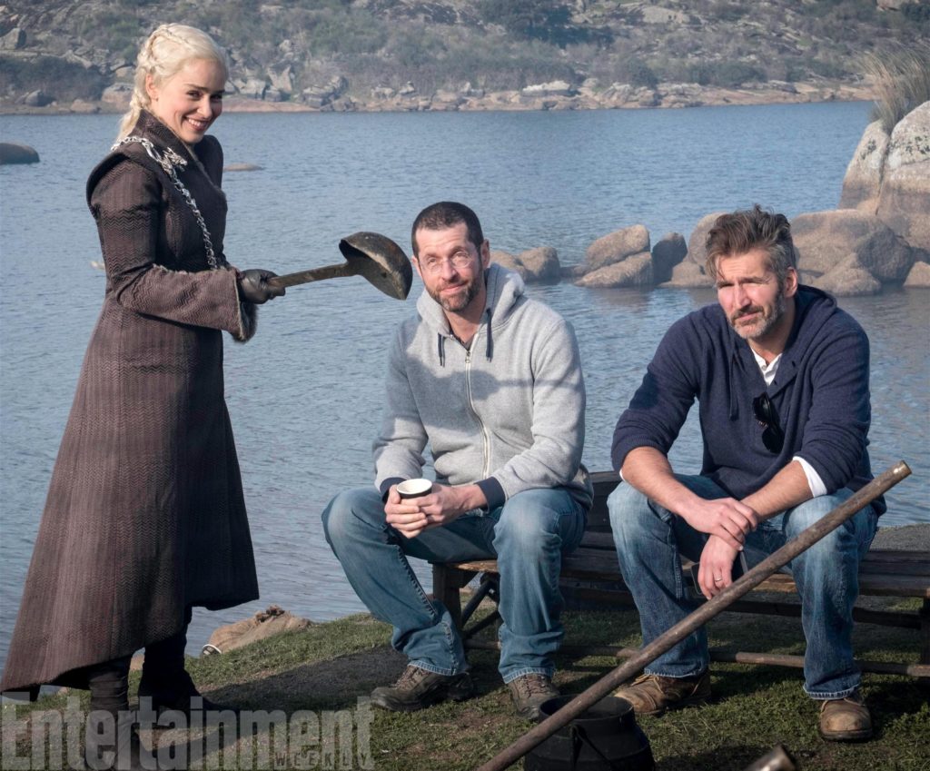 Dan Weiss and David Benioff teased by Emilia Clarke during filming