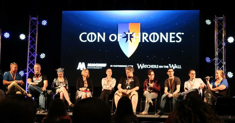Watchers on the Wall panel at Con of Thrones 2018, with Oz of Thrones, Patrick Sponaugle, Bex, Vanessa Cole, Petra Halbur, JoeMagician, Sam Wallace, David Rosenblatt, Luka Nieto, and Sue the Fury.