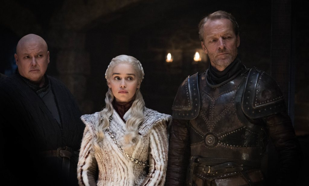 Jorah and Dany are looking solemnly at something (or someone?). Photo: Helen Sloan / HBO